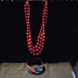 Chic Multi-Strand Red Bead Necklace and Colorful Bangle Set